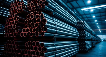 Stacked Steel Pipes and Metal Tubes Stored in Dark Industrial Warehouse for Construction Material