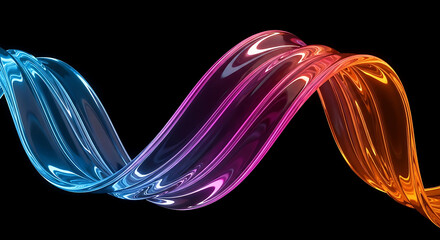 A sleek, abstract, Mobius-like ribbon or flowing glass shape, illuminated by vibrant neon colors like electric blue, magenta, and orange, twists elegantly against a deep black background, showcasing c