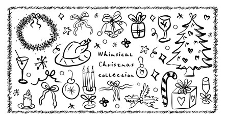 Whimsical coquette Christmas food and wine. La dolce vita concept. Design elements for New Year party greeting cards, winter party invitations, birthday. Vector