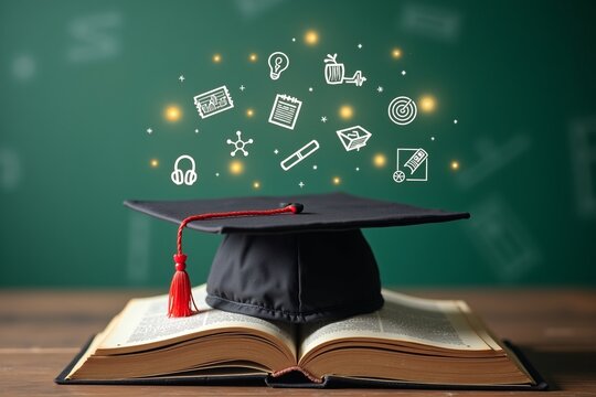 A graduation cap rests atop an open book, symbolizing academic achievement and learning, with floating icons representing knowledge, time, and discovery against a green backdrop.