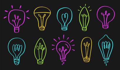 Neon Light Bulb Doodle Icons Set Electric Lamp 