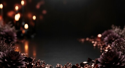 Luxurious dark background with purple flowers and rose gold glitter. Moody and elegant holiday frame with blurred candle lights and copy space for text