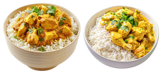 Chicken Curry Rice Bowls – Creamy Sauce with Herbs on White Background for Food Blogs and Recipe Websites