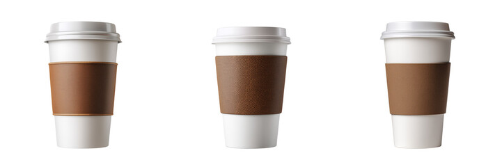 Set of white paper coffee cup with a brown sleeve isolated on a transparent background