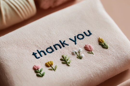 Delicate embroidered thank you message features charming floral botanical decorative details.