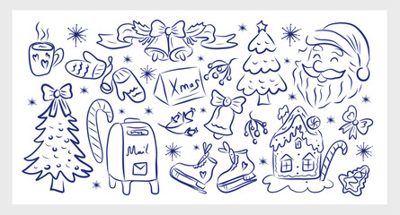 Whimsical Christmas hand drawing sketch set. La dolce vita concept. Design elements for New Year party greeting cards, winter party invitations. Vector