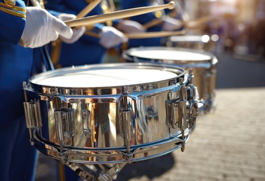 Close-up view of gleaming snare drums in a marching band, hands holding drumsticks, ready to play