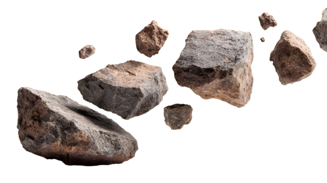 Collection of rough grey and brown rocks and stones floating in space isolated on transparent background