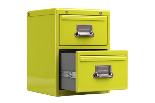 Bright yellow metal filing cabinet with two drawers one open isolated on transparent background