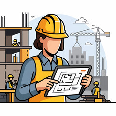 A skilled female construction manager examines digital building plans on a tablet at a modern urban development site