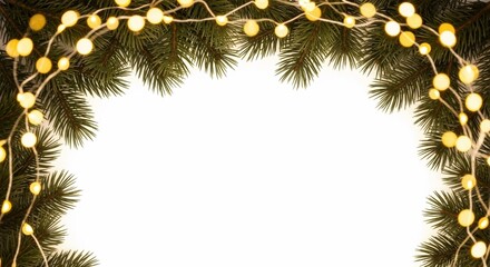 Naklejka premium Christmas holiday border with pine branches and glowing golden lights. Festive winter frame on a white background with copy space for text