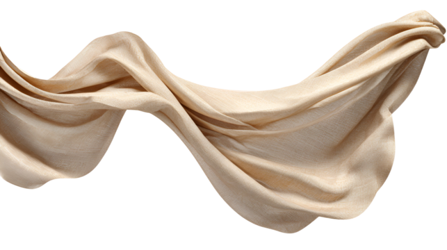 Flowing beige fabric draped in elegant curves isolated on transparent background