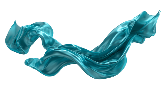 Flowing translucent turquoise fabric or liquid wave isolated on transparent background