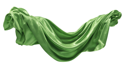 Flowing green satin fabric draped in elegant folds isolated on transparent background