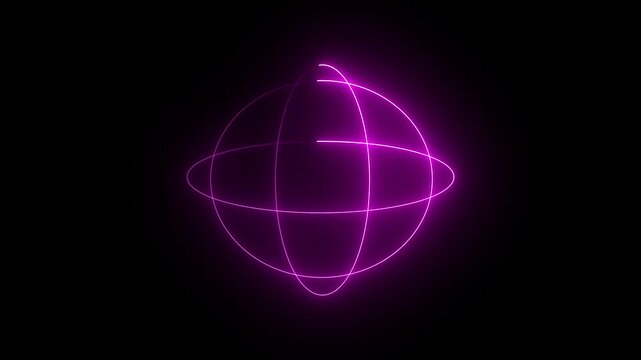 Glowing neon violet color Loop animation of an atom on clean black background 4k video .Dynamic glowing neon lights atom model. Abstract atom or animation rotation around nucleus. Concept of sci .4k..