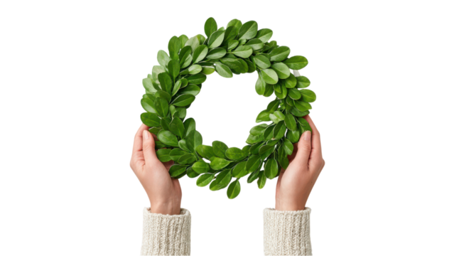 Hands Holding Green Leaf Wreath on White Background