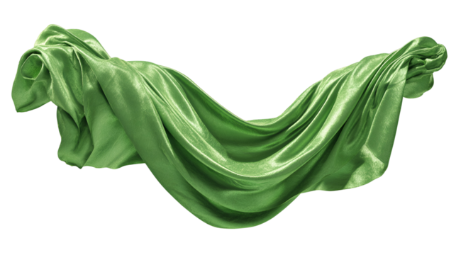 Flowing green satin fabric draped in elegant folds isolated on transparent background