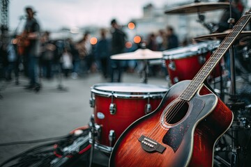 Fototapeta premium Close-up of acoustic guitar and drum set with blurred crowd in the background