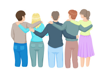 Fototapeta premium Group of young people standing up, rear view - hand drawn vector illustration of five students or siblings