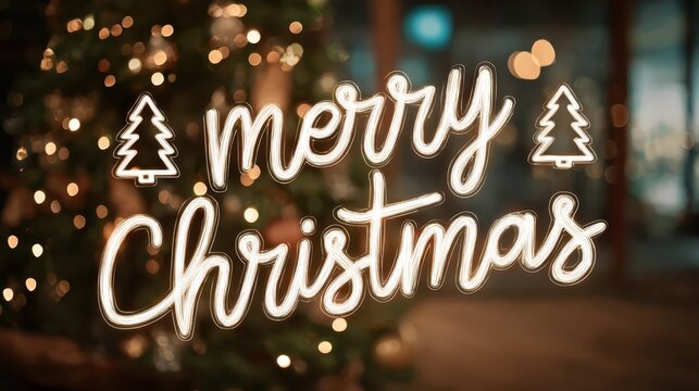 Merry christmas neon sign with christmas tree icons shining brightly, creating a warm and festive atmosphere with blurred golden lights in the background