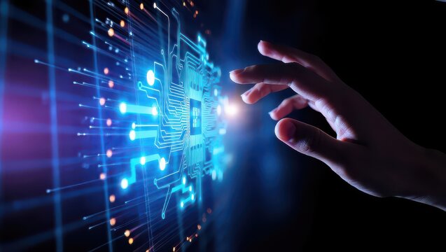 Hand interacting with a digital circuit board interface.