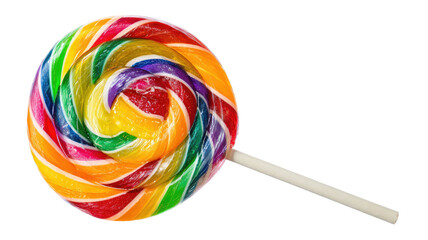 Colorful spiral rainbow lollipop on a white isolated background with a stick, a sweet candy and sugar dessert