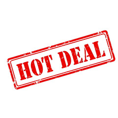 Red distressed rubber stamp with the words hot deal imprinted isolated on transparent background