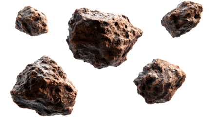 Five rough textured brown and red mineral stones isolated on transparent background