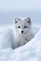 Fototapeta premium Striking portrait of an arctic fox emerging from snowdrift. Evokes themes of winter, survival, resilience, and the beauty of wild nature. Perfect for wildlife, nature, or conservation content.