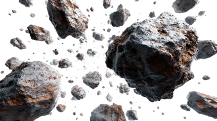 A cluster of realistic asteroids and meteoroids floating in deep space isolated on transparent background