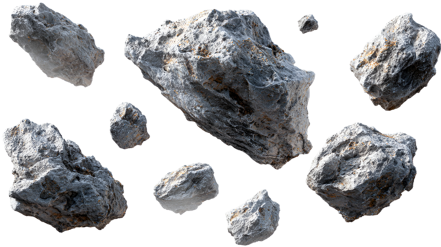 Collection of realistic asteroids and space rocks floating in space isolated on transparent background