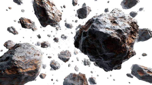 A cluster of realistic asteroids and meteoroids floating in deep space isolated on transparent background