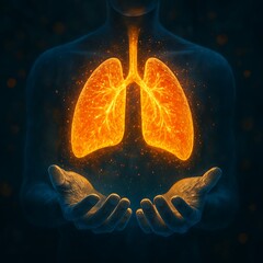 Glowing lungs held gently in cupped hands against dark background