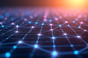 A futuristic network of glowing blue nodes connected by delicate lines, set against a gradient backdrop from cool blues to warm orangesymbolizing digital connectivity and data flow in the modern age.