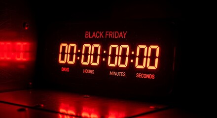 A close up of a digital clock displaying black friday countdown with zero days hours minutes seconds showing