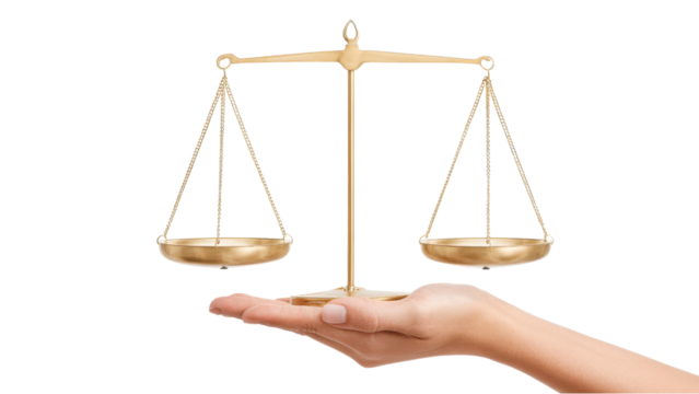 Scales of Justice: Golden Balance on Hand Isolated on White Background - Powered by Adobe