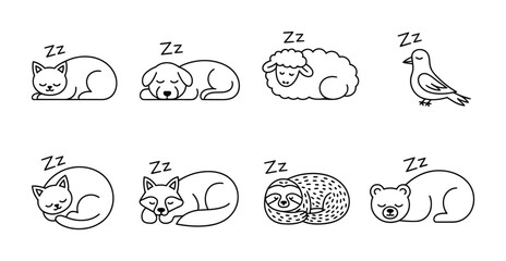 Naklejka premium Sleeping animals cute rest night dreams icons set