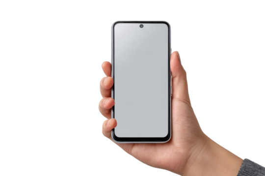 Hand holding a silver smartphone with a blank grey screen against a black background mobile, Png, Isolated on Transparent Background, Cut Out