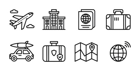 Travel tourism vacation journey outline icons collection