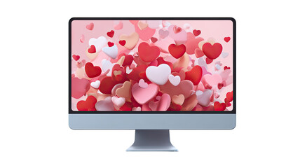 Digital screen displaying a pink red and white heart illustration on a computer monitor with internet and communication technology