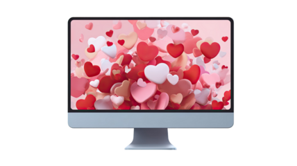 Digital screen displaying a pink red and white heart illustration on a computer monitor with internet and communication technology