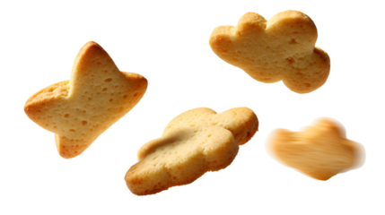 Four delicious animal shaped crackers isolated on transparent background