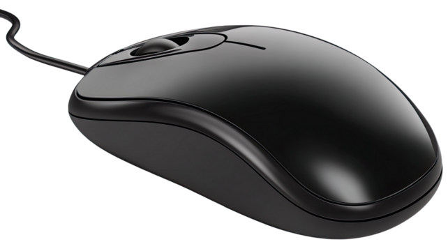 Black wireless computer mouse, an essential office input device, isolated on a white background