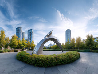Fototapeta premium Modern cityscape featuring a sleek, abstract sculpture against a backdrop of skyscrapers and green trees. Great for urban planning, art, or architectural concepts.