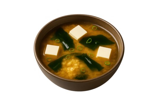 Brown bowl of miso soup with cubes tofu, wakame seaweed, and chopped green onions in light broth