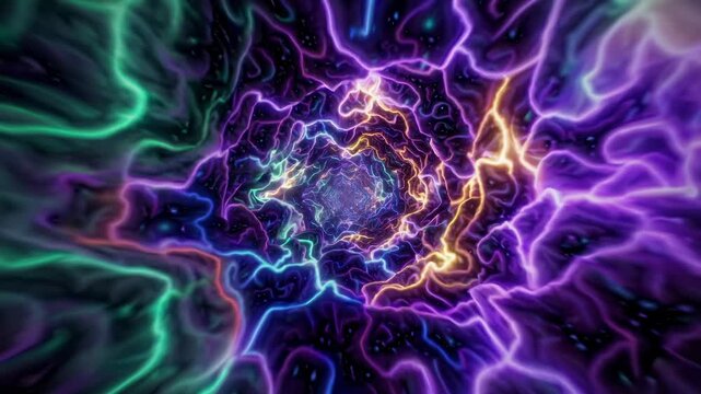 Vibrant swirling neon tunnel with electric colors and abstract patterns creating a hypnotic vortex effect