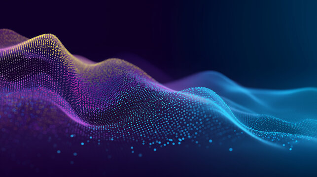 Paesaggio astratto di onde dinamiche formate da particelle luminose, ideale per concetti di big data, connessioni digitali, trasformazione tecnologica, reti neurali e comunicazione avanzata in stile m