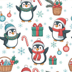 Cute Cartoon Christmas Penguins Seamless Pattern with Snowflakes, Presents, Candy Canes, and Holiday Decorations