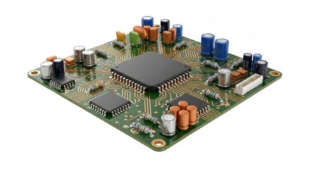 Detailed Electronic Circuit Board with Microchips and Components electronics technology isolated on a transparent background