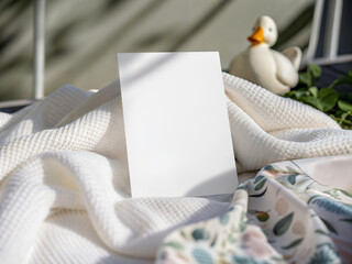 Cozy Card Mockup with Duck Toy and Soft Blanket